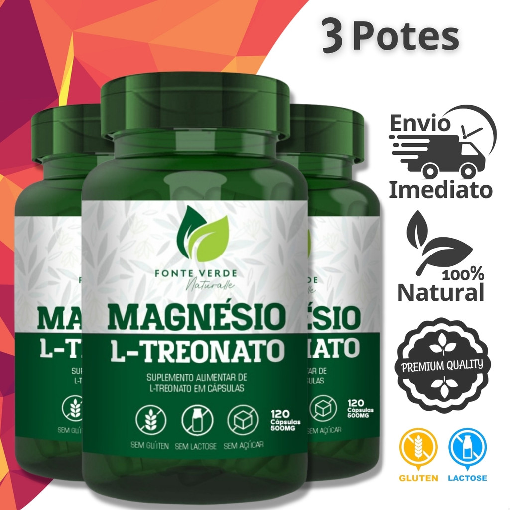 3 Potes Magnésio L-Treonato Fórmula Importada Kit 360 Cáps - Fonte Verde