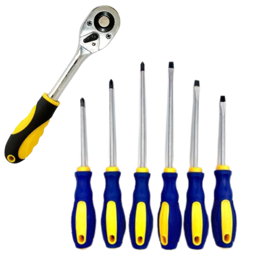 Kit Catraca Soquete 1/2 + Jogo De Chave Fenda Phillips 6 Peças