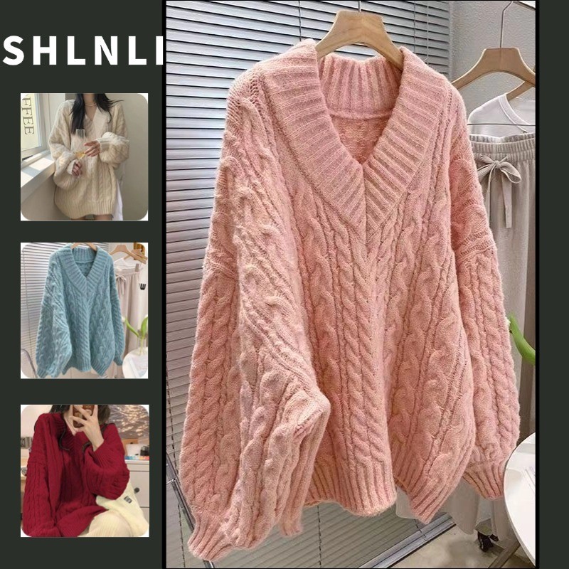 Suéter Grosso Solto Com Decote Em V Feminino Cor Sólida Doce Plus Size De Malha Suave Para Outono Inverno