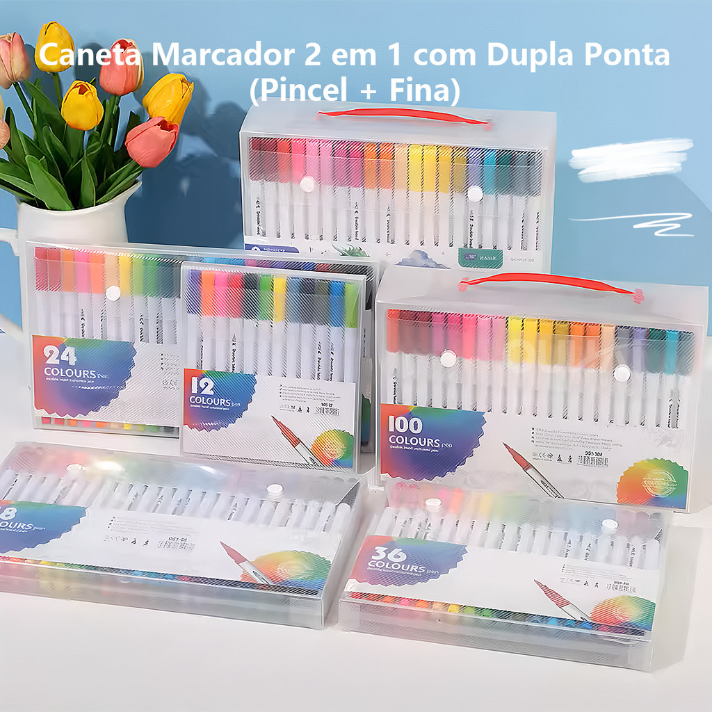 Conjunto com 80/100/120 peças de canetas de caligrafia 2 em 1, ponta fina, marcadores coloridos e canetas para desenho.