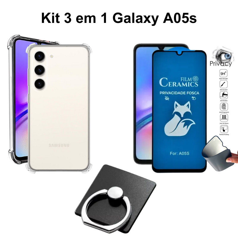 Kit Capinha Transparente + Película Privacidade Fosca + Suporte de Anel para Samsung Galaxy A05S