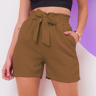 Short Feminino Curto de Alfaiataria - Cintura Alta com Laço Frontal e Bolsos Laterais, Conforto e Elegância para o Verão em Oferta na Shopee