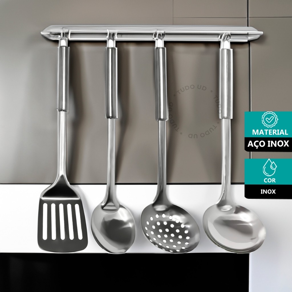Kit Talheres Utensílios em Inox  4 peças Colher Espátula Escumadeira Concha Peneira