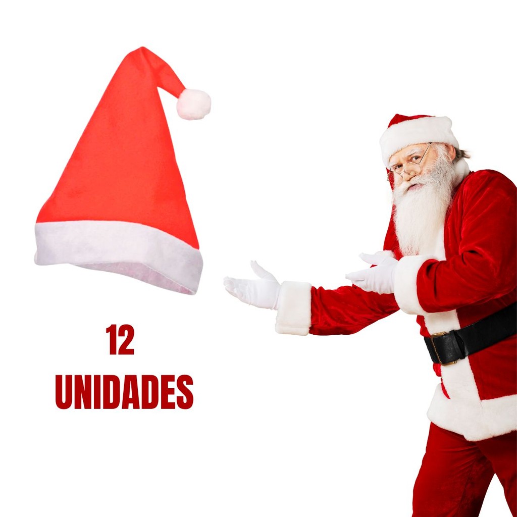 KIT 12 GORRO TOUCA PAPAI NOEL FELTRO COM POMPOM NATAL 28X38CM - FARTEX