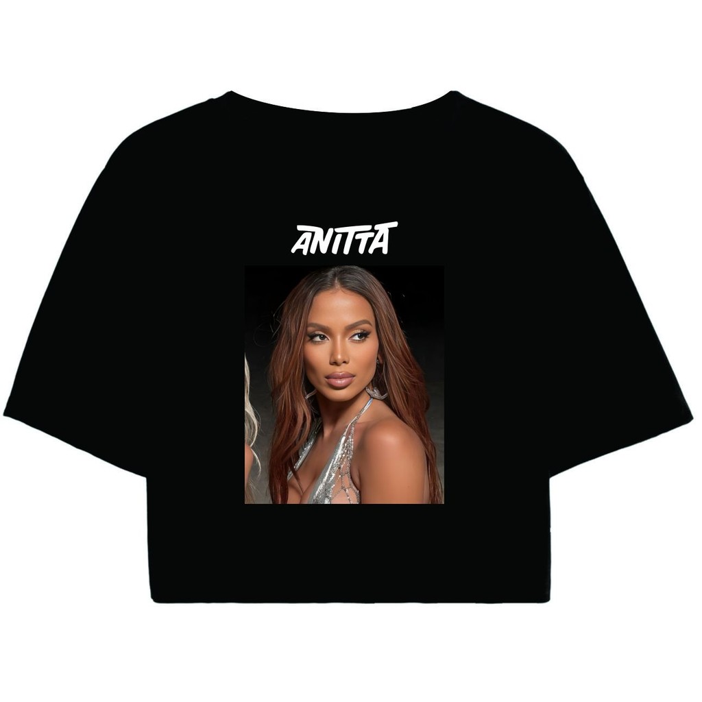 Cropped Feminino Preto Tumblr blogueira Anitta cantora Pop feminina manga curta