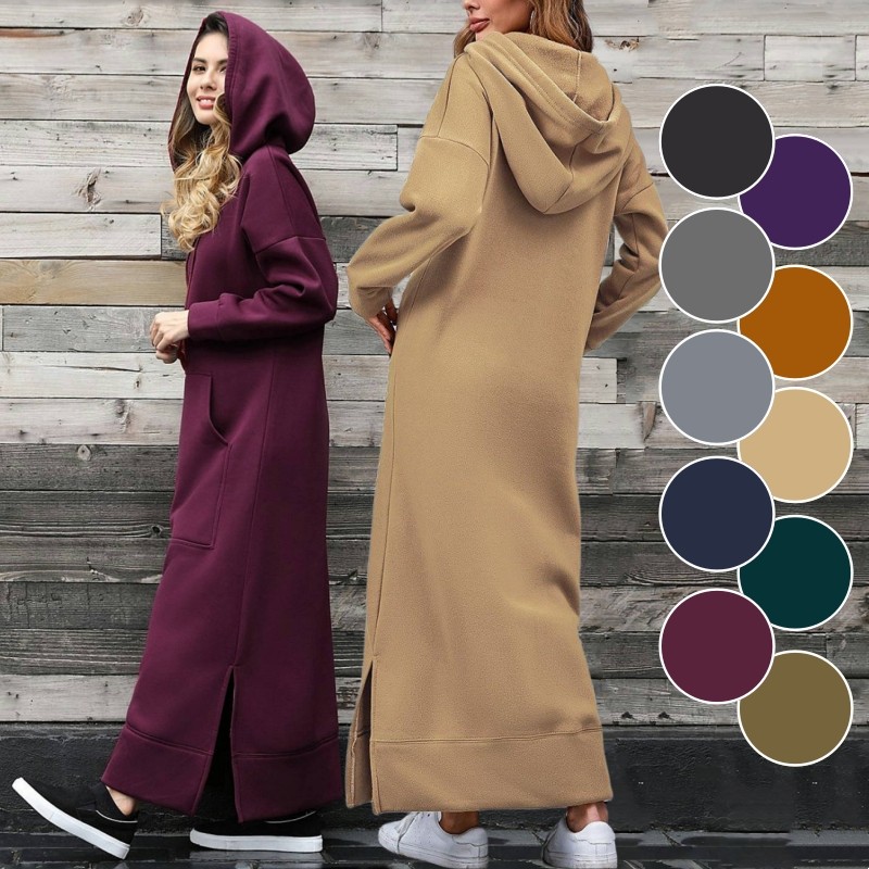 Vestido Longo Feminino com Capuz, Bolsos, Fenda Lateral - Blusa Oversized de Inverno, Manga Comprida, Pula Over