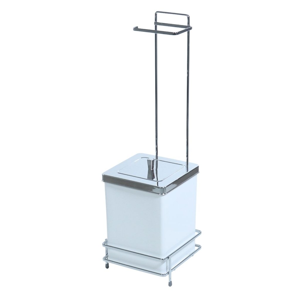 Suporte Porta Papel Higiênico Cromado Com Lixeira Quadrada 6,5 Litros Com Tampa Luxo Para Banheiro Lavabo Vestiário