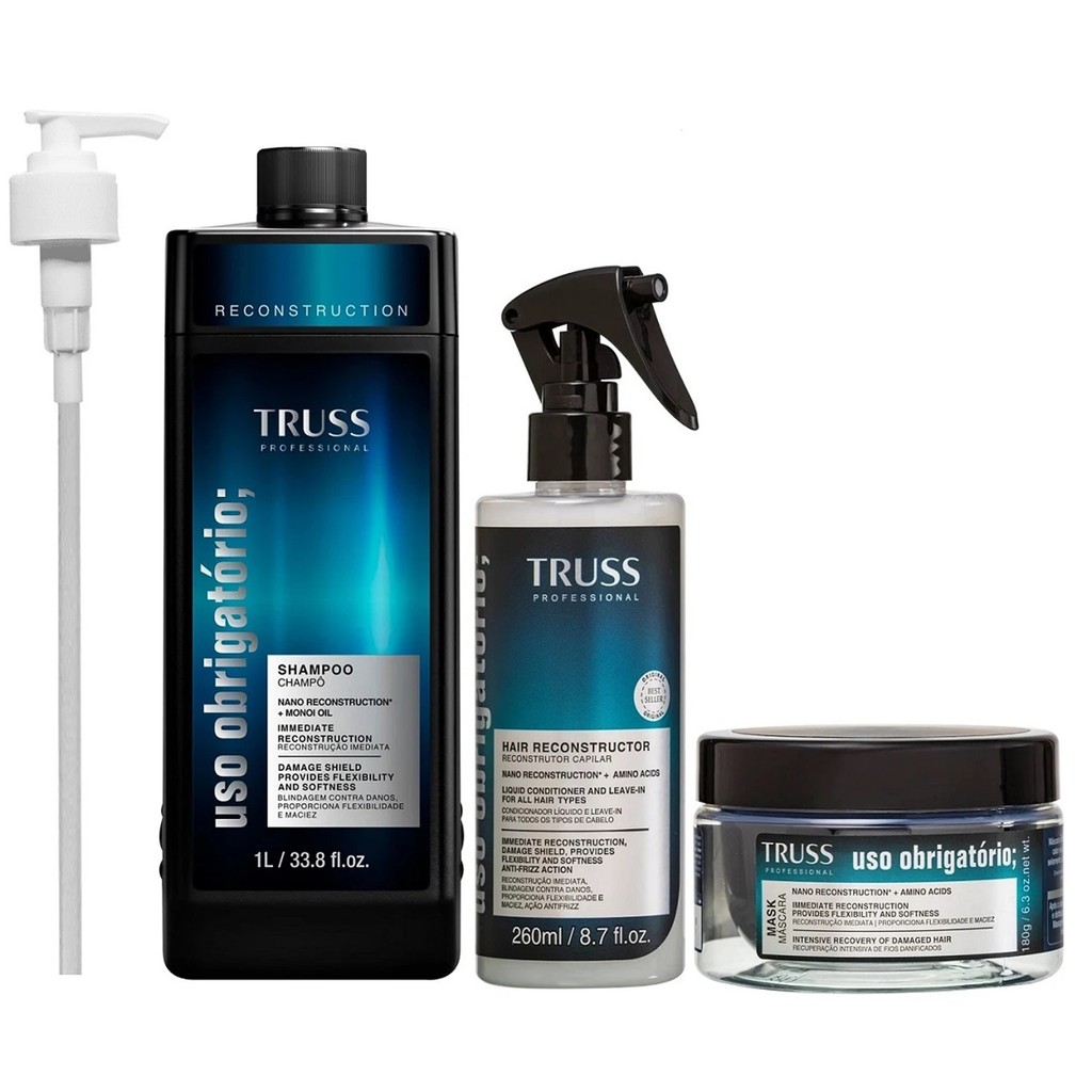 Kit TRUSS Uso Obrigatório Shampoo 1 Litro + Máscara 180g + Spray Reconstrutor 260ml + Válvula Pump