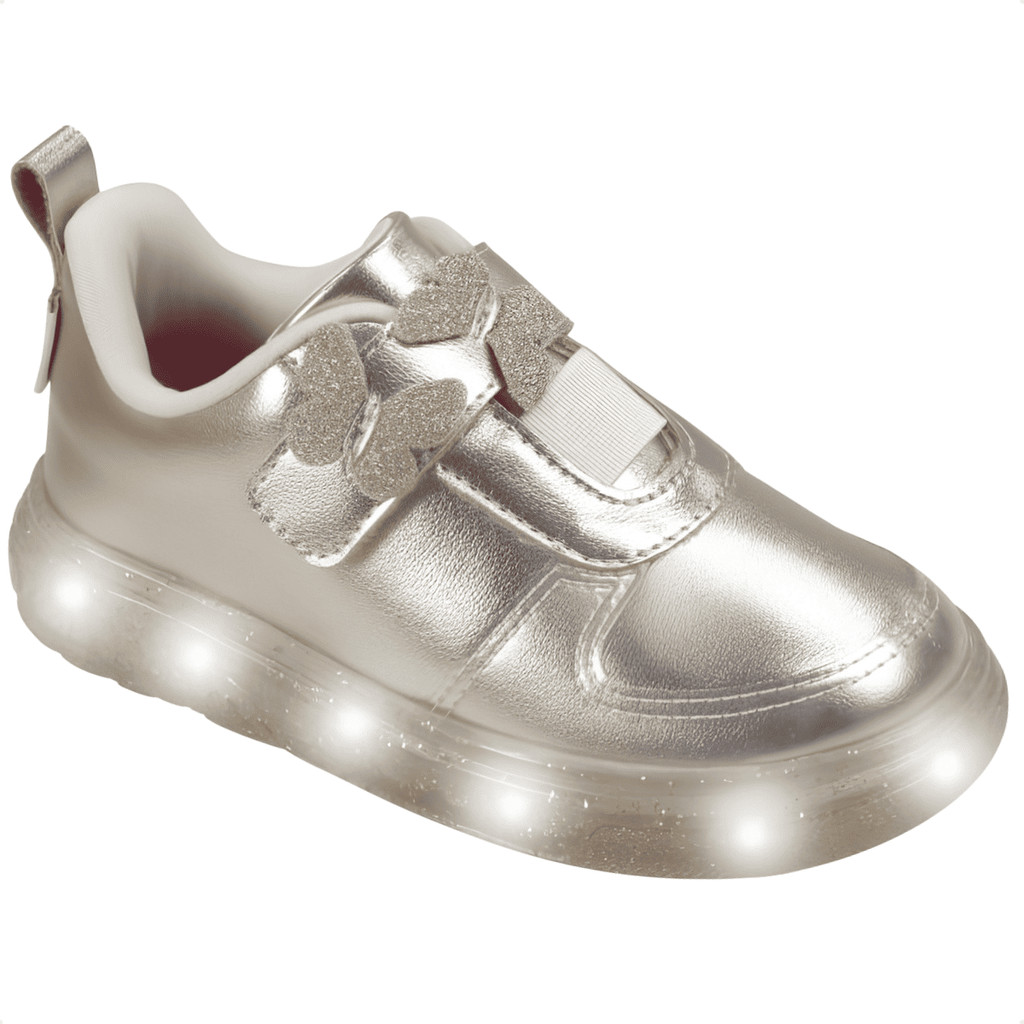 Tênis Infantil Pampili Sneaker Luz Led Pisca Pisca Borboletas Gliter 3d Tira Autocolante