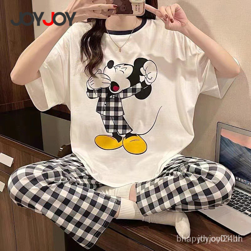 Joyjoy Pijama Feminino Cartoon–Verão Casual com Manga Curta e Calça Xadrez Confortável, Conjunto de Roupas de Sala Fofo em Oferta na Shopee