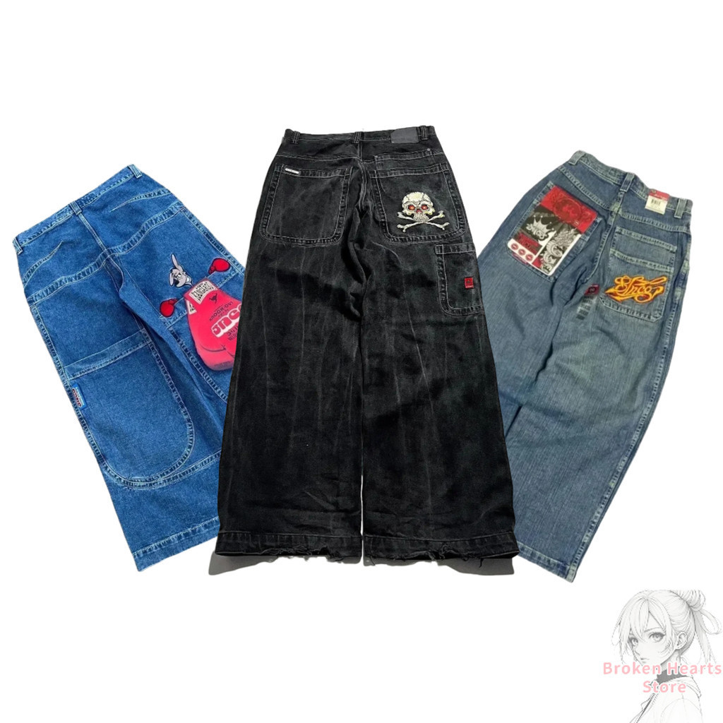 Harajuku Hip Hop Retro Crânio Gráfico Bordado JNCO Jeans Novo Baggy Denim Feminino Goth Cintura Alta Calças Largas em Oferta na Shopee
