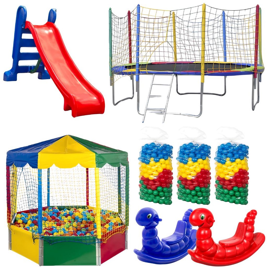 Kit Cama Elástica 3,05m + Piscina Oitavada 2,00m + 1500 Bolinhas + Escorregador Médio + 2 Gangorras 1 Lugar em Oferta na Shopee