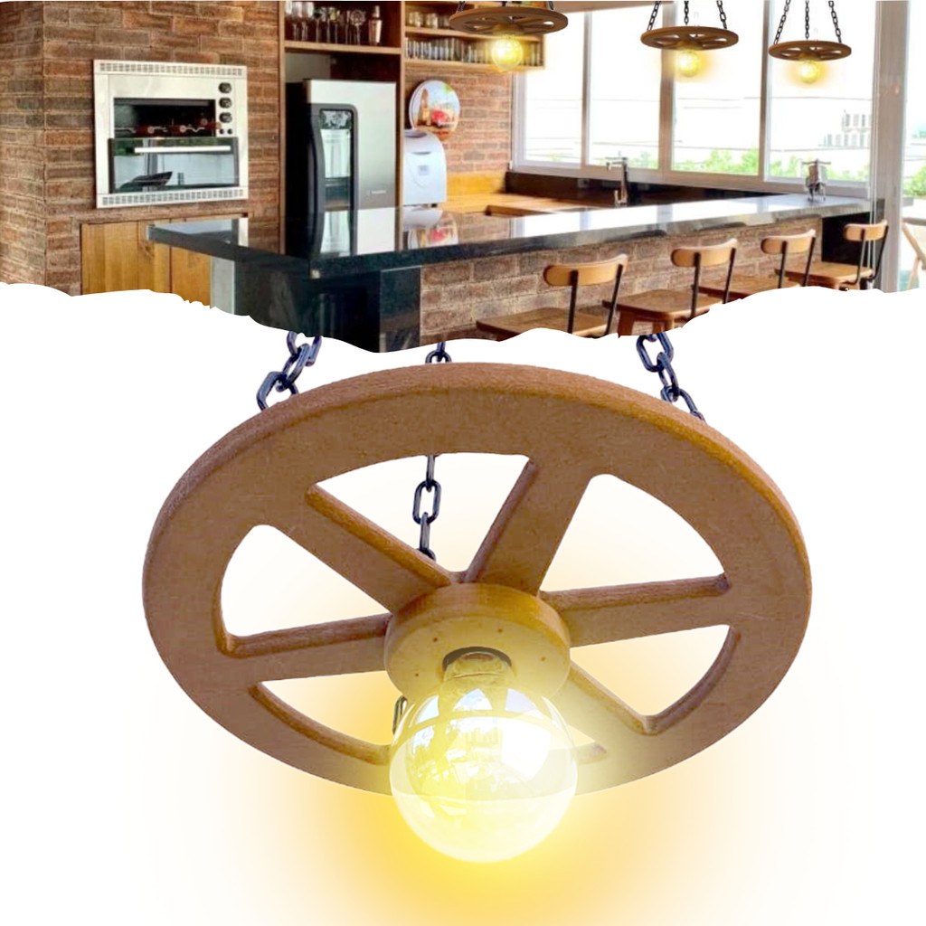 Luminária Lustre Pendente Rústico Roda De Carroça 1 Bocal 30 cm Diâmetro 110/220 V