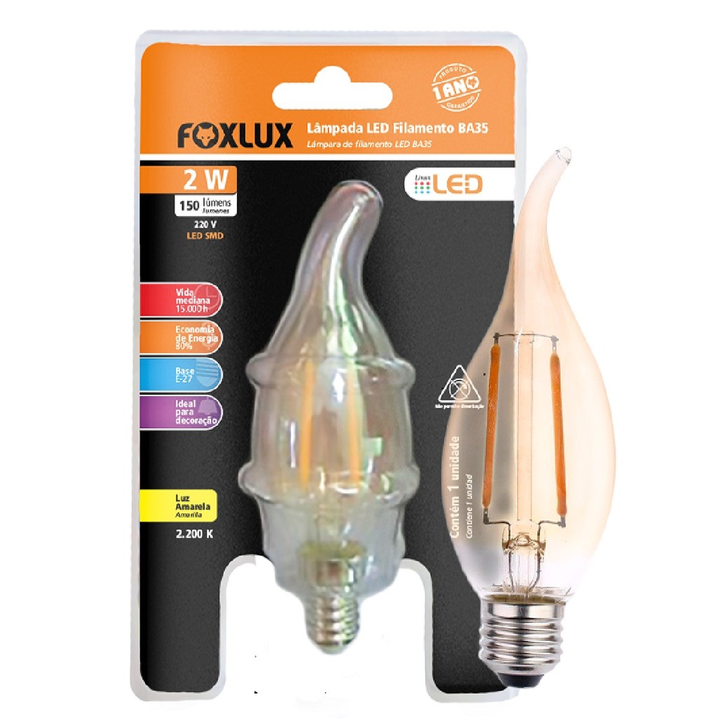 Lâmpada Filamento Foxlux E14 BA35 Vela Chama 2W 220V | Iluminação decorativa, design clássico