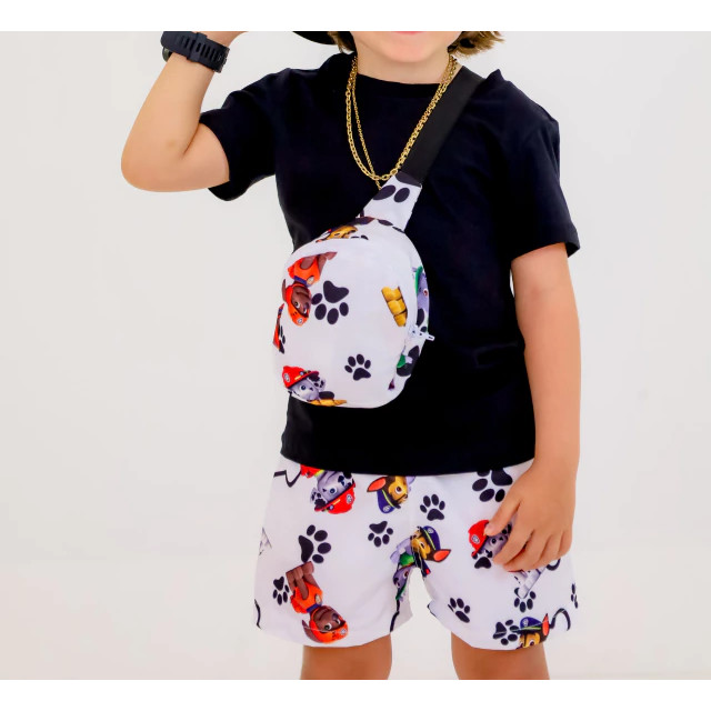CONJUNTO INFANTIL MENINO TEMÁTICO PATRULHA CANINA CAMISA,SHORT E BOLSA.