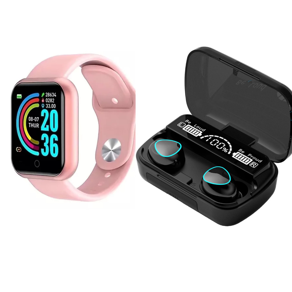 Kit Smartwatch D20 Rosa + Fone Ouvido Bluetooth M10 Touch LED com Power Bank Academia
