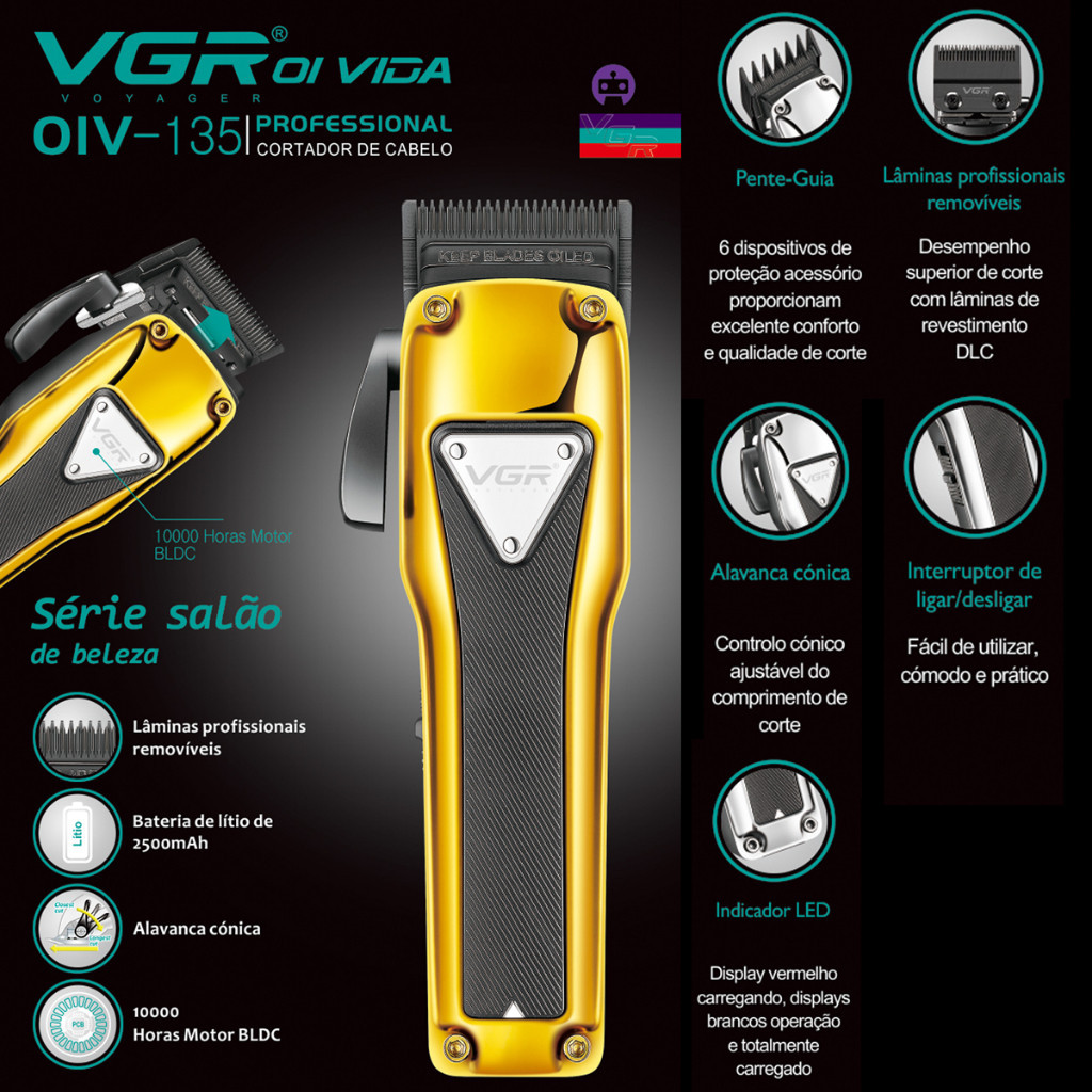 Cortador De Cabelo Profissional Vgr Oiv-135 Kit 6 Pentes Dourado Elegante Barba 