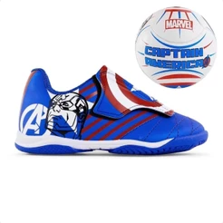 Kit Chuteira + Bola Infantil Futsal Dray Marvel Capitão América - Azul e Branco