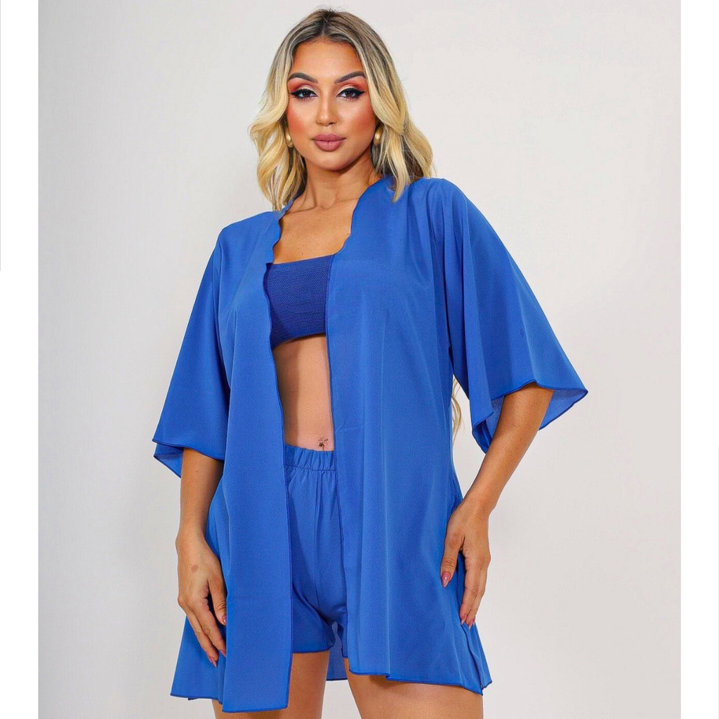 Conjunto Feminino Saída De Praia 2 Peças Kimono Manga Longa Short Curto Cintura Alta Tecido Liso