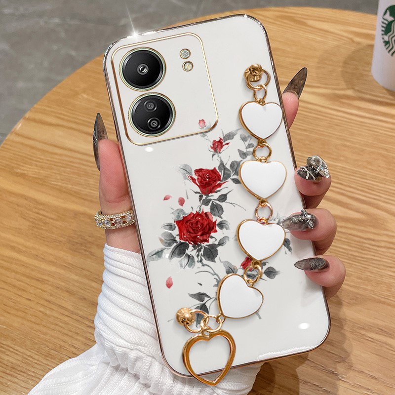 Capa Para Xiaomi Redmi 13 4G 13C 4G 5G Poco C65 M6 Note 13R Red Rose Galvanoplastia De Telefone Anti-Queda Com Pulseira em Oferta na Shopee