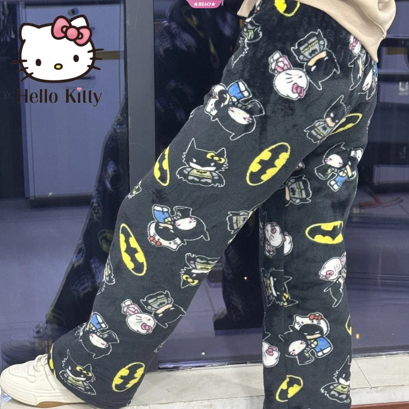 2024 Sanrio Y2k Estilo Outono Olá Kitty Batman Calças De Pijama Dos Desenhos Animados Hip Hop Senhora Quente Casual Pelú em Oferta na Shopee