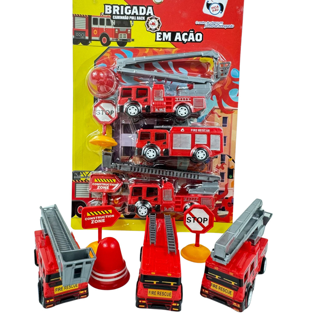 Kit Caminhão De Bombeiro Carrinhos Brigada Em Ação Incêndio Brinquedo Infantil Caminhões Resgate