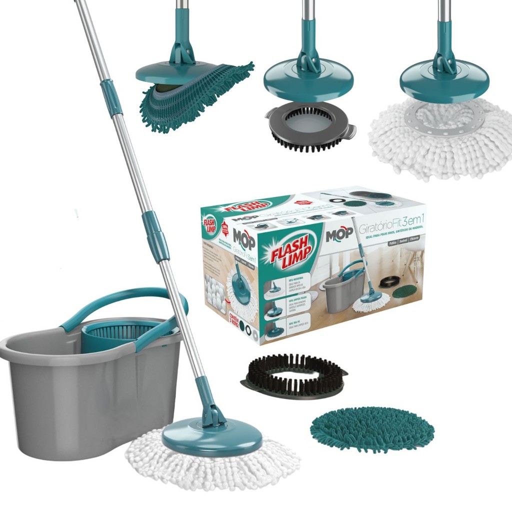 Mop Giratório Fit 3 Em 1 Com Balde Spin Inclui 3 Refis Piso Chão Limpeza Multifuncional Multiuso Prático Flash Limp
