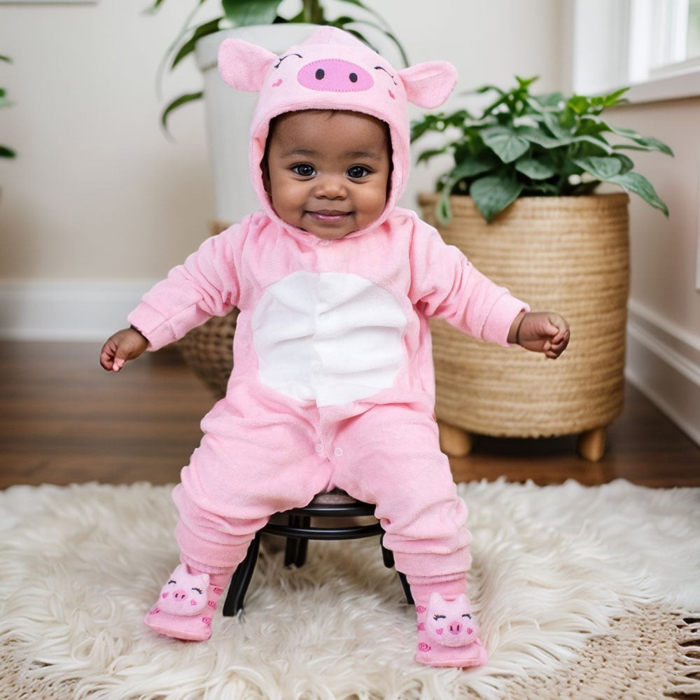 Conjunto Macacão Temático Porquinha Plush Capuz E Pantufa 3d