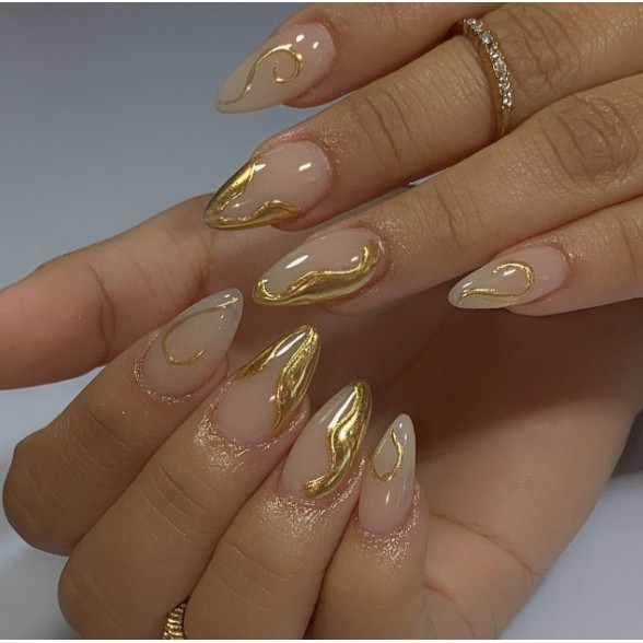 unha postiça amendoada realista curta Com Cola unha Prensa Irregular Dourada unhas decoradas postiça em Oferta na Shopee