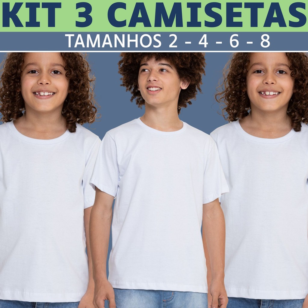 KIT 3 Camiseta Infantil Masculina Branca Lisa Manga Curta 100% Algodão 2800-K3-C1