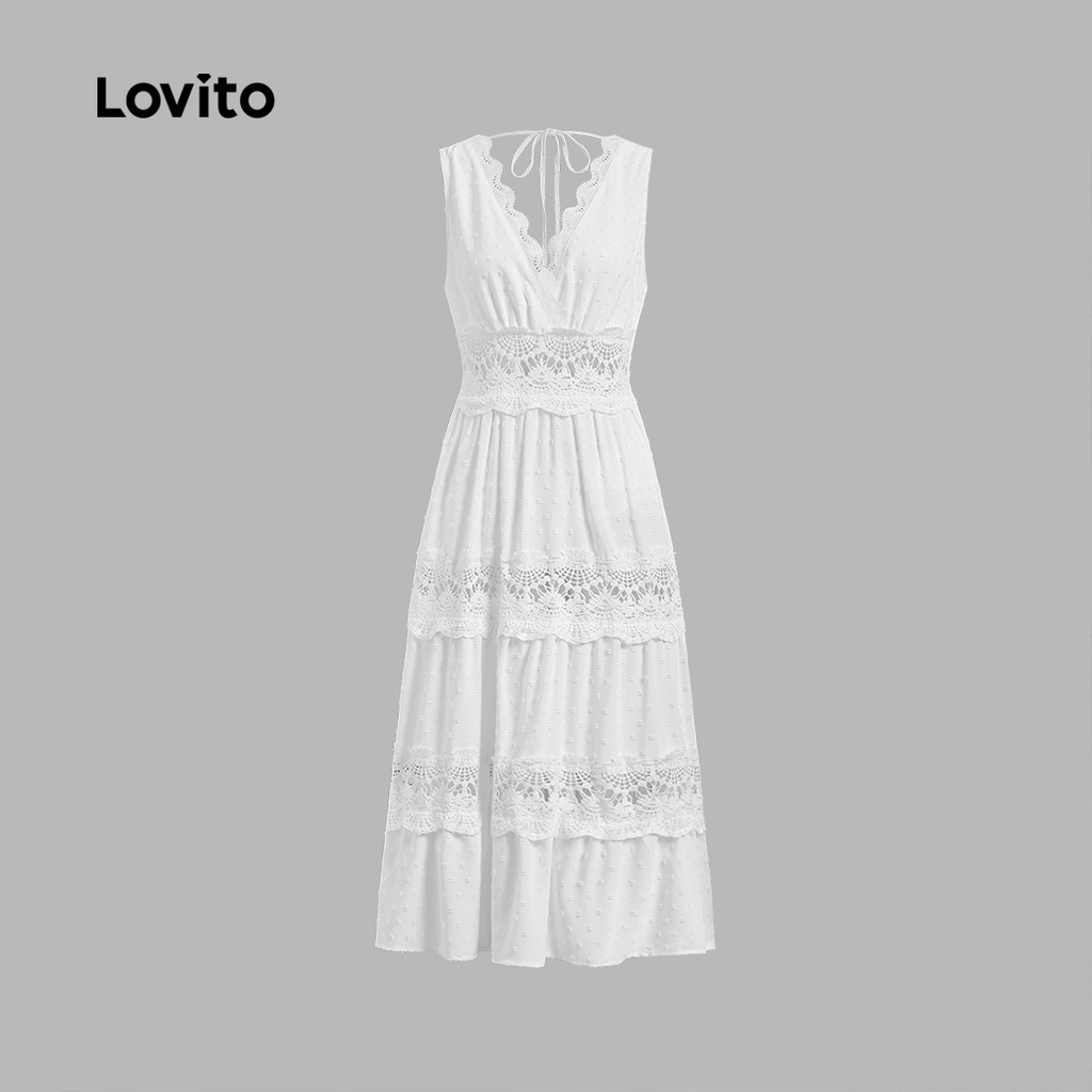 Lovito Vestido Elegante De Renda Lisa Com Babados E Gola Em Cascata Para Mulheres LNL77453