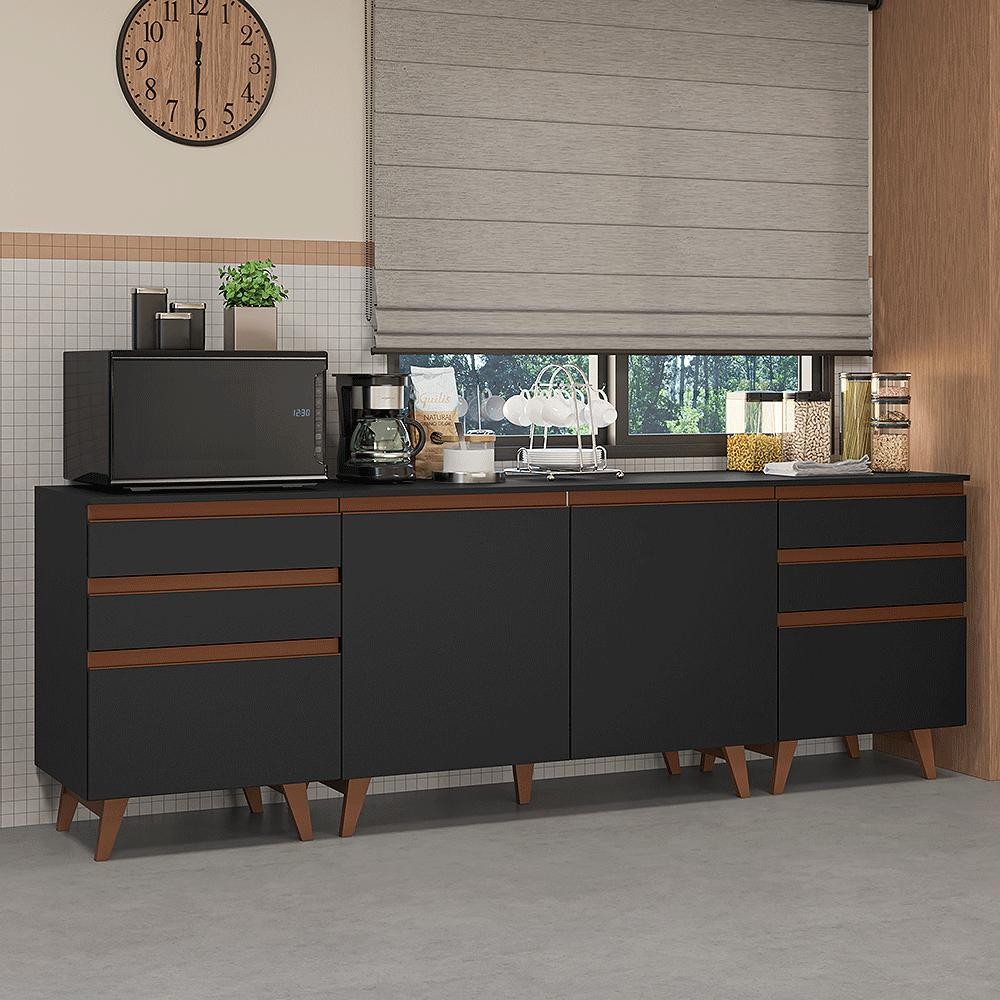 Kit com Três Balcões de Cozinha 2 Portas 6 Gavetas (com tampo) Preto Reims Madesa - Home & Living