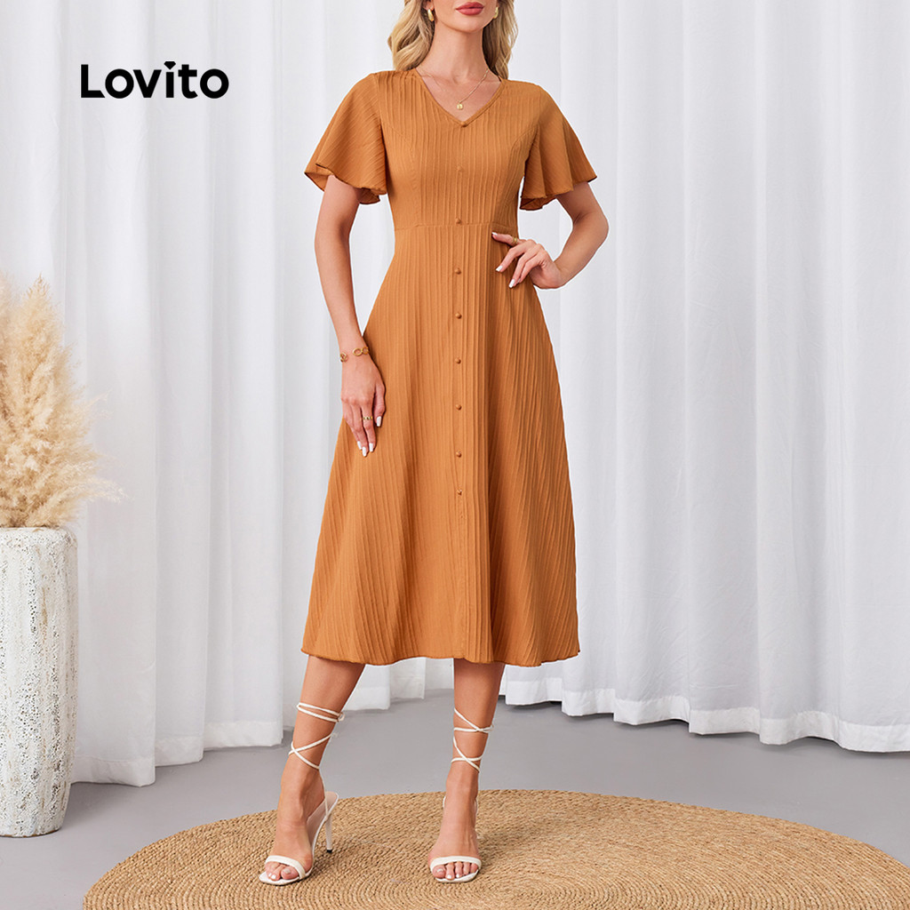 Detalhes do Lovito Vestido Casual liso com botões para mulheres LBL23323