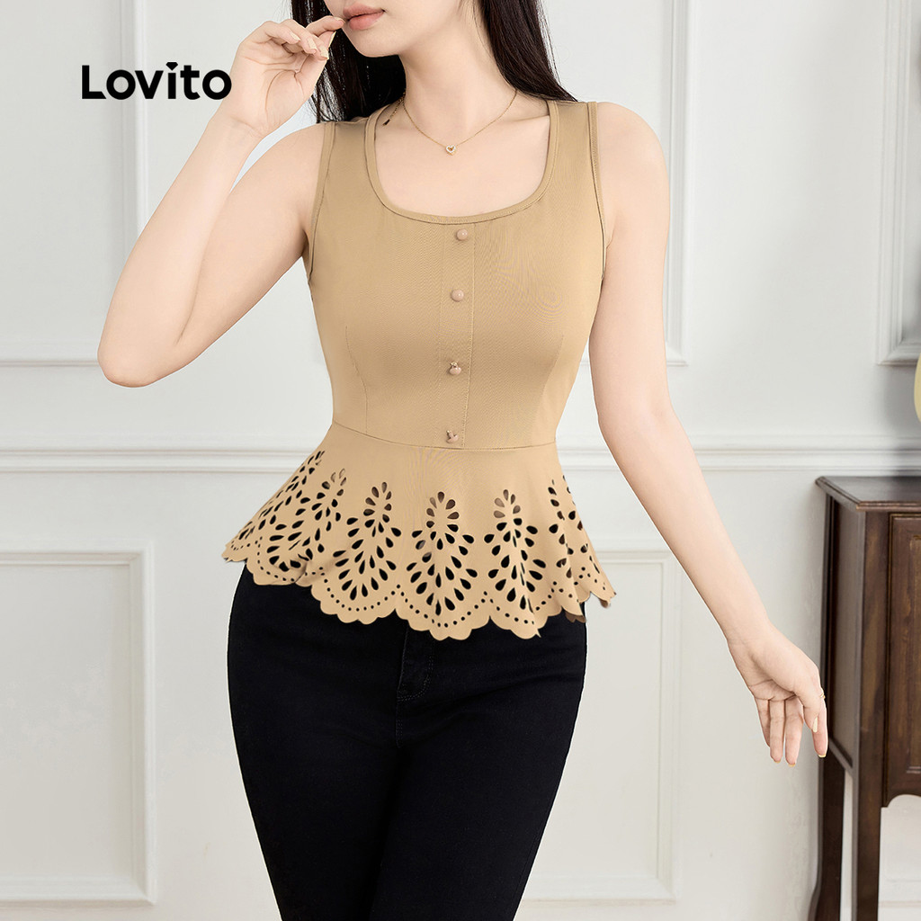 Lovito Regata Casual lisa com botão oco para mulheres L128ED268 - Women Clothes