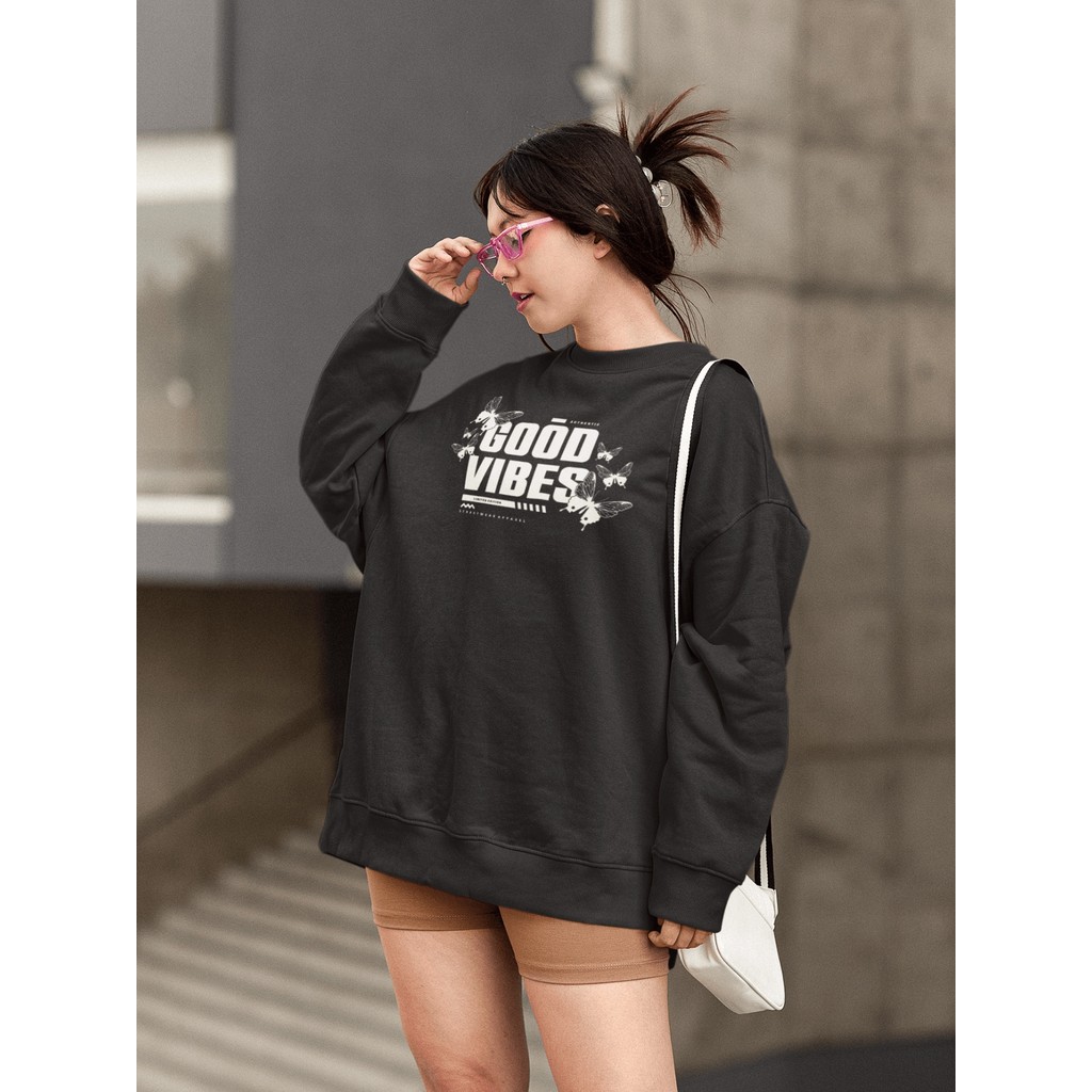 Moletom Blusa de Frio Básico Estiloso Feminino Estampado Gola Redonda Confortável 100% Algodão - Good Vibes
