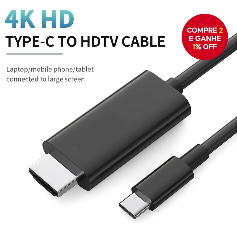 Cabo Tipo C Para HDMI 4K 1.5m USB-C Macho Para HDMI Macho Compatível com Notebook Celular Tablet TV e Monitor