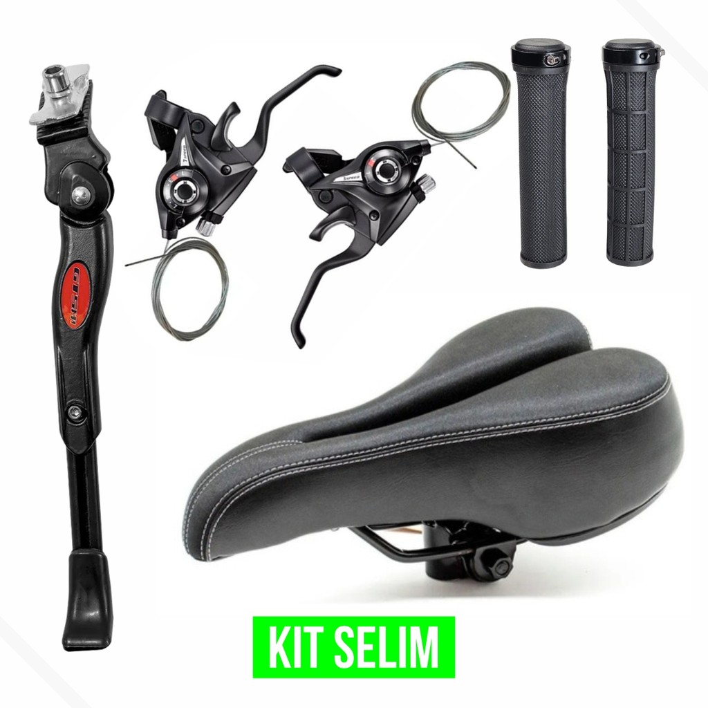 Kit Banco Selim MTB Vazado + Manopla C/ Trava + Alavanca Rapid Fire 21V + Descanso Lateral 29 GTS