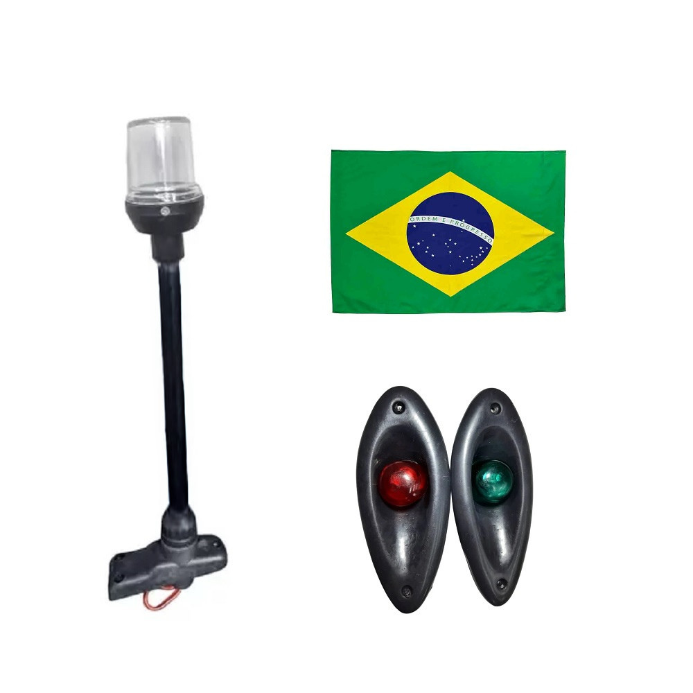 Kit Olho Tubarão Led em ABS Preto + Mastro Estrobo Led Alcançado Fundeio Retrátil Preto + Bandeira do Brasil - Barco