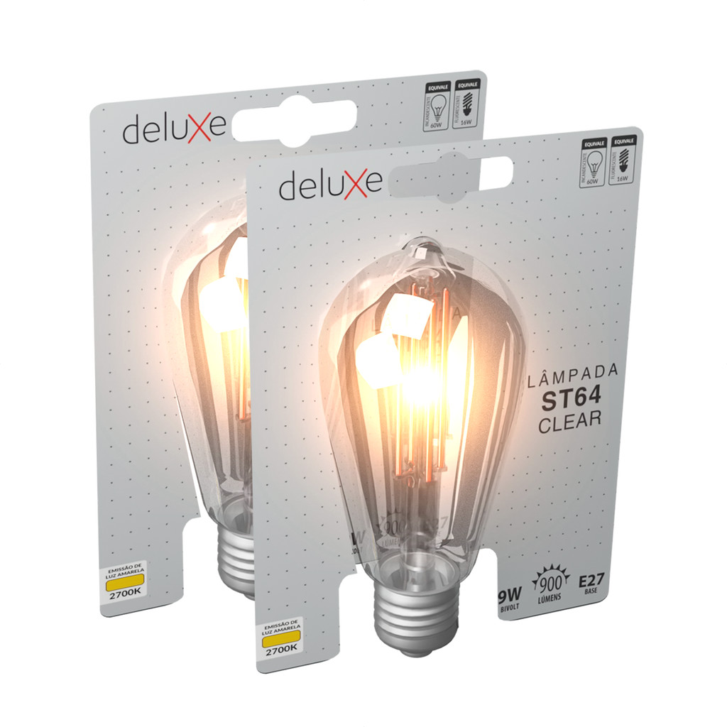 Kit 2 Lâmpadas de Led ST64 Filamento Retro Vintage Clear 9w 2700K E27 Deluxe Bivolt Luz Branco Quente