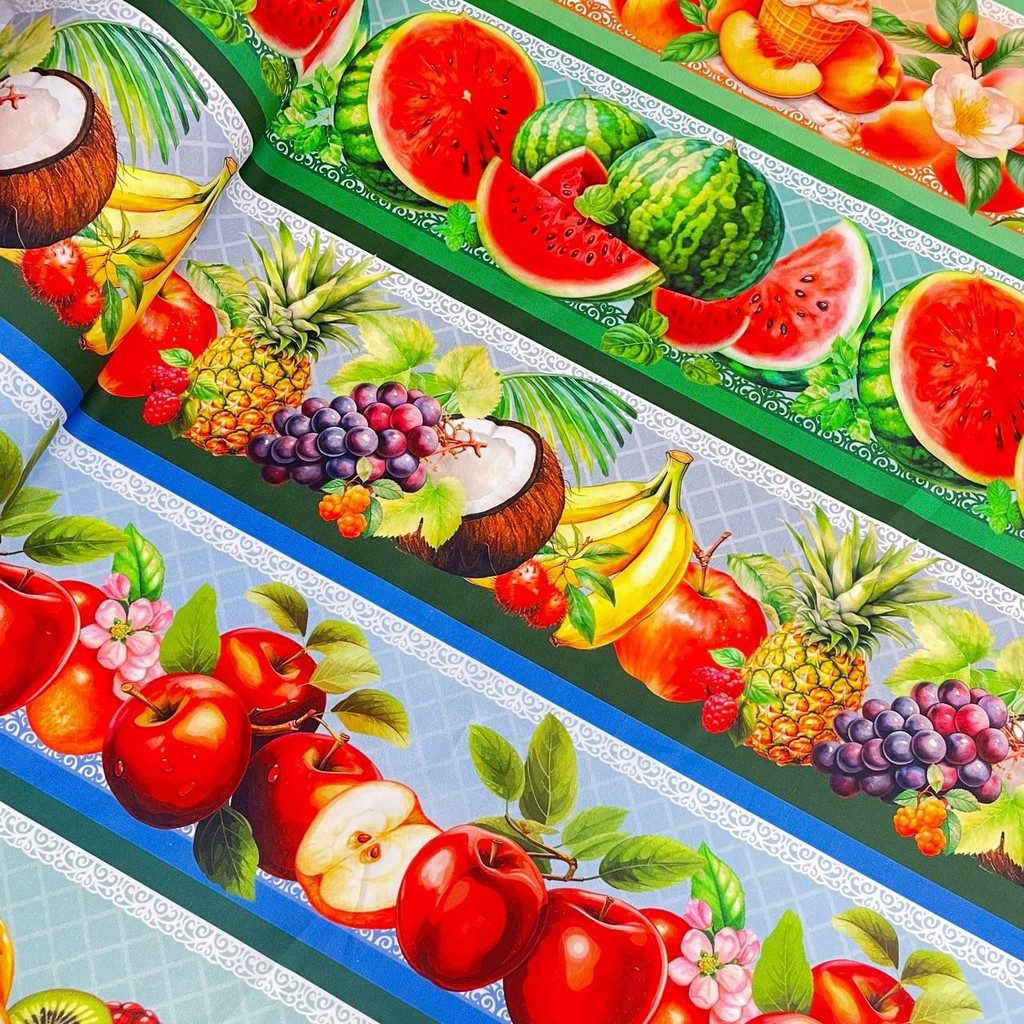 Tecido Tricoline Digital Barrado Frutas 55 cm x 1,50mt 100% Algodão 10 Barrados