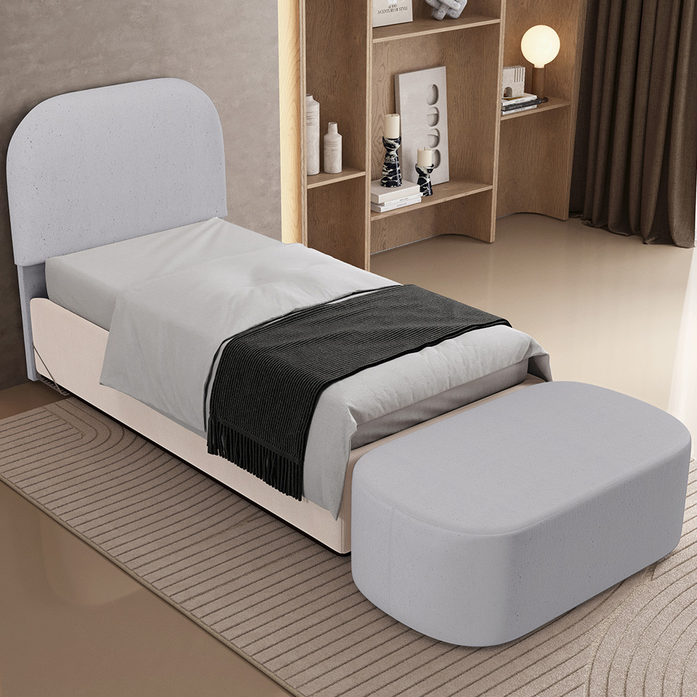 Cabeceira Cama Box Solteiro 100cm Lanna com Puff Recamier Doha W01 Linho Cinza - Lyam Decor em Oferta na Shopee