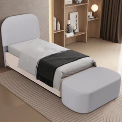 Cabeceira Cama Box Solteiro 100cm Lanna com Puff Recamier Doha W01 Linho Cinza - Lyam Decor