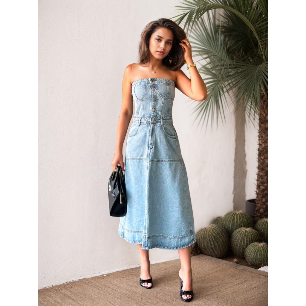 Vestido Jeans Midi Sem Lycra Tomara Que Caia Viagem Alta Qualidade