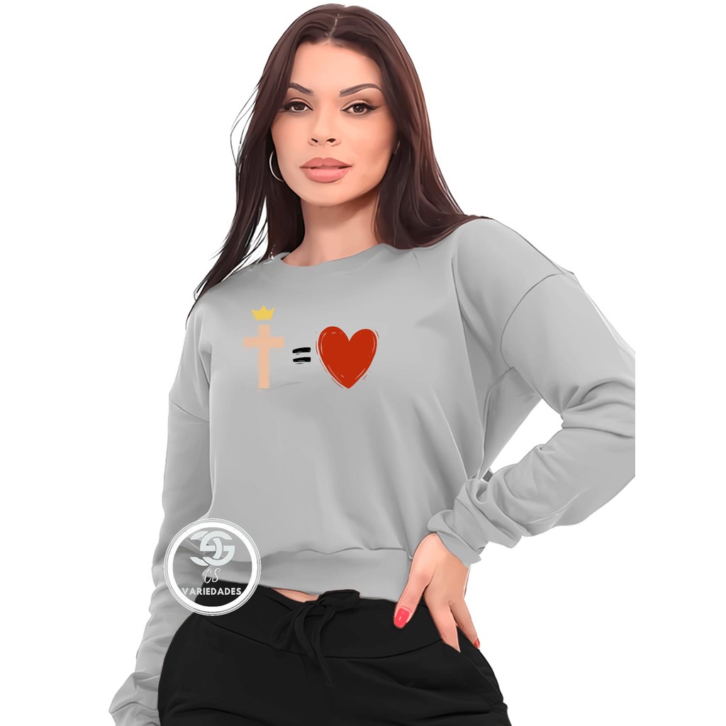 Moletom Feminino Blusa Estampado cruz coração Gola Redonda Unissex Blusa De Frio Casaco Gola CARECA) Feminino Masculino