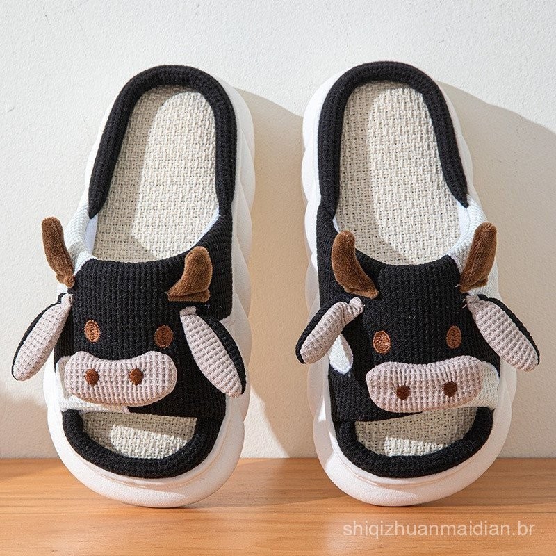Novos Sapatos Feminino Chinelos de Linho Chinelos de Verão Chinelos em Forma de Vaca da Mo...