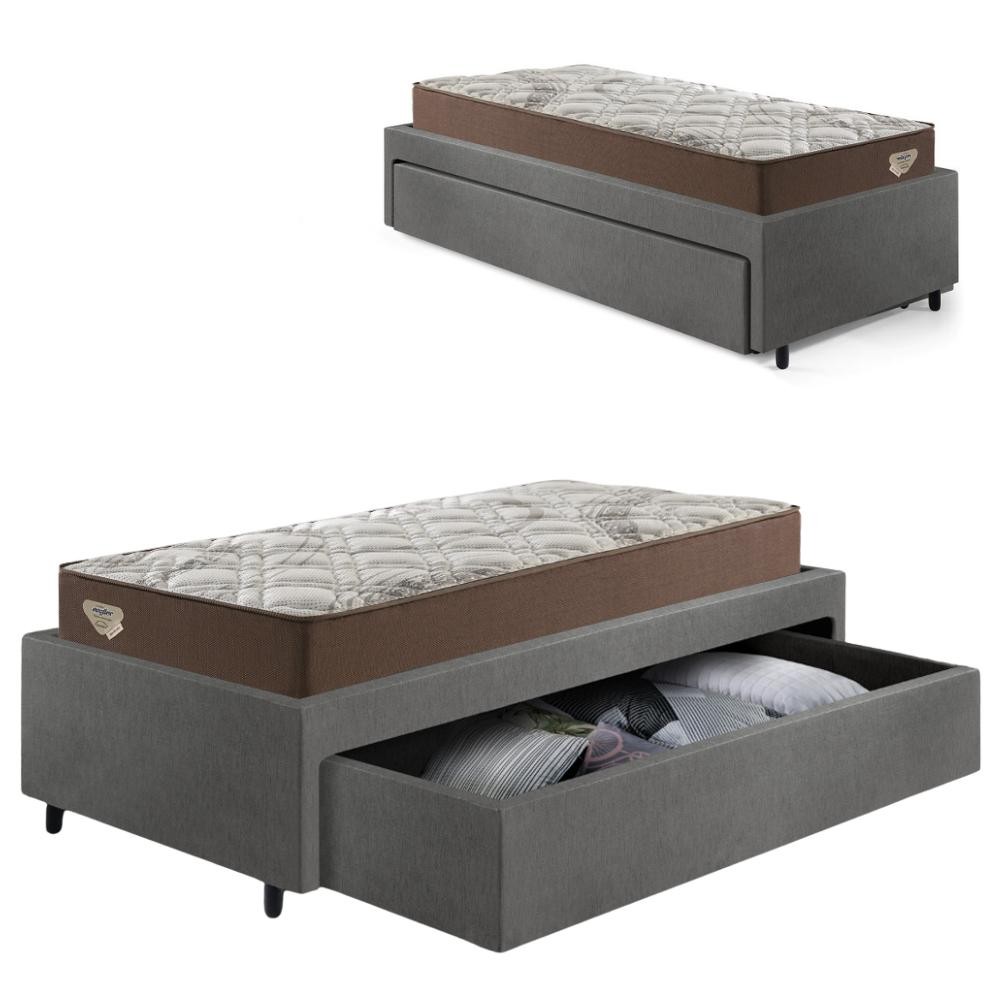 Cama Box Solteiro com Gaveta 88x188 cm Revestida em Courino Linho Cinza com Colchão Relax Adorabile Ecoflex