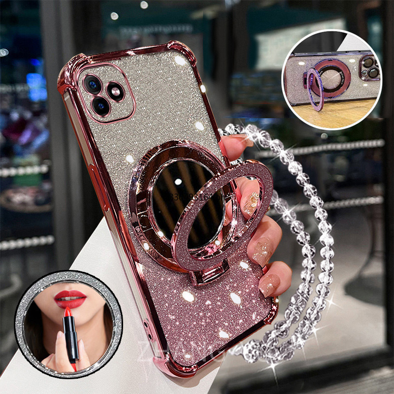Capa Para Samsung A04 A04E A05 A06 De Telefone À Prova De Choque 3D Suporte De Espelho De Maquiagem Nova Pulseira Macia 