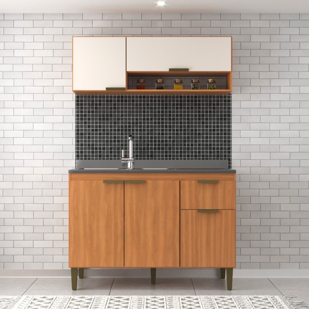 Cozinha Compacta Alana 5 Portas 1 Gaveta Freijó/Off White - Jcarvalho em Oferta na Shopee