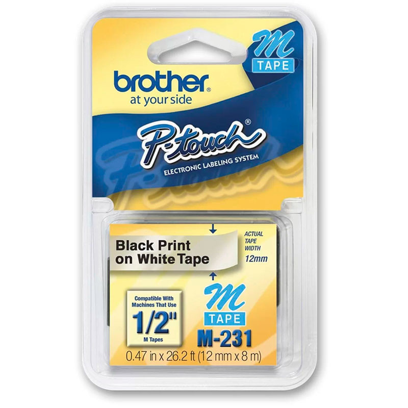 Fita para rotulador M231 Branca escrita Preto 12mm Brother