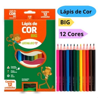 Lápis de Cor 12 Cores Big Jumbo 15cm Grande Com Apontador Triangular Leo&Leo em Oferta na Shopee